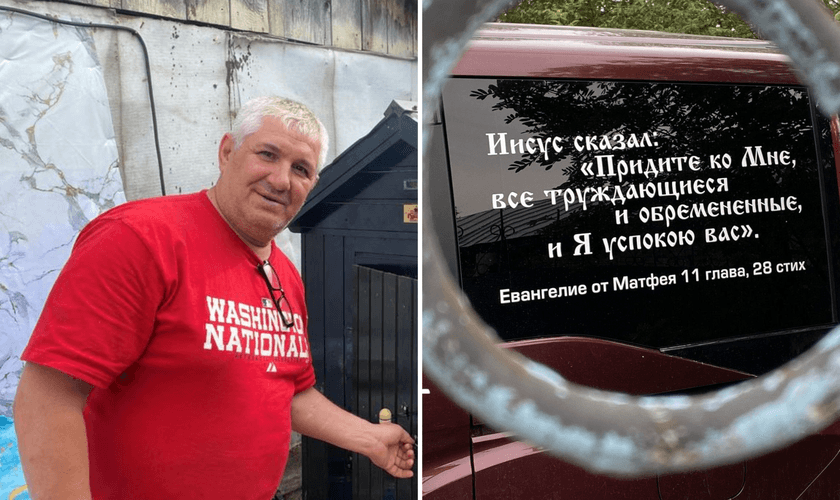 Vladimir e seu carro, coberto por versículos bíblicos, usados para evangelizar pelas ruas da Rússia. (Foto: William Immink)