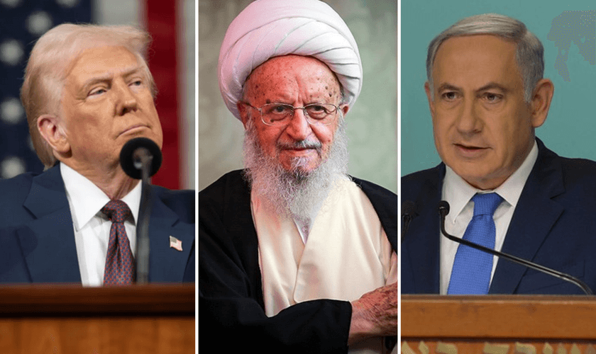 O clérigo Naser Makarem Shirazi entre Trump e Netanyahu. (Fotos: Wikipedia / White House / Amos Ben Gershom, GPO)