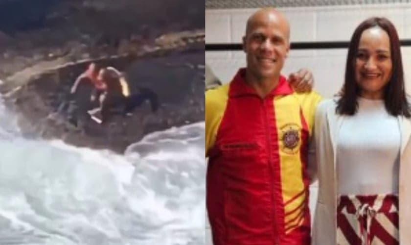 Os bombeiros Henrique e Bruno com Mariana. (Foto: Reprodução/g1/Instagram/Corpo de Bombeiros Militar/ RJ).