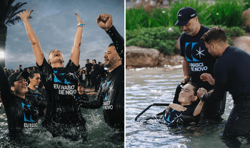 Multidão é batizada, incluindo mulher em cadeira especial. (Foto: Instagram/ lagoinhaalphaville.sp)