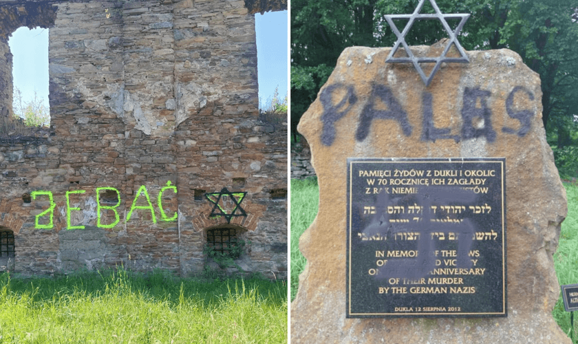 A palavra “PALESTINA” e a Estrela de Davi foram pichadas com tinta preta no memorial. (Fotos: Facebook/Jacek Koszczan)