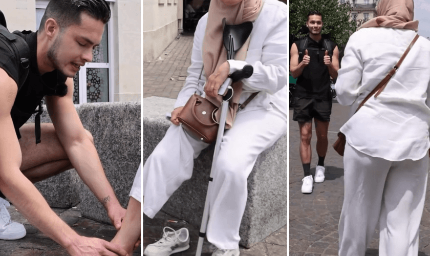 Evangelista ora pelo pé e tornozelo de uma muçulmana. (Captura de tela/Instagram/visionarylucas)