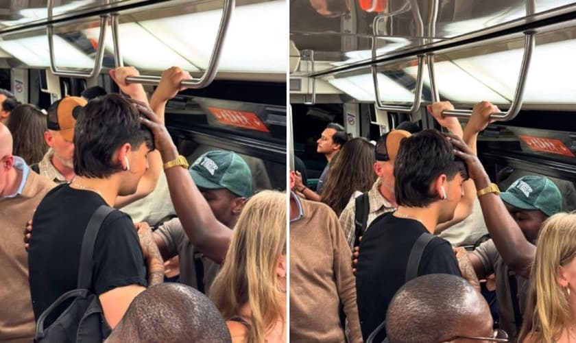 O evangelista orando pelo rapaz no metrô. (Foto: Reprodução/Instagram/Symphorien Bambi)