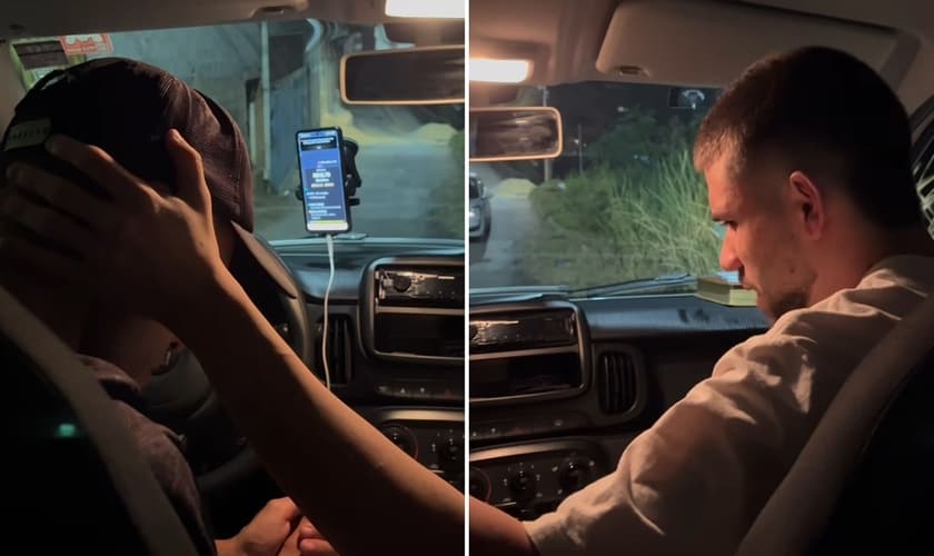 O motorista e o jovem cristão no veículo. (Foto: Reprodução/Instagram/João Basques)
