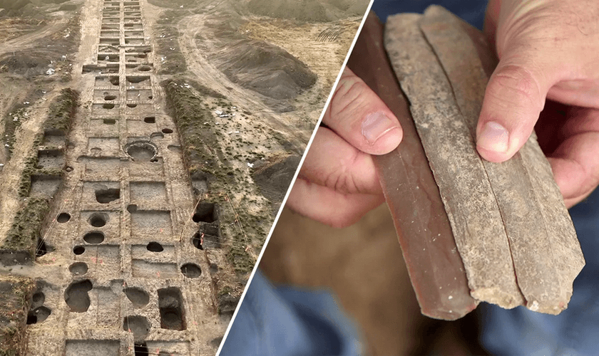 Arqueólogos mostram detalhes das lâminas e fábrica no sul de Israel. (Foto: Autoridade de Antiguidades de Israel)