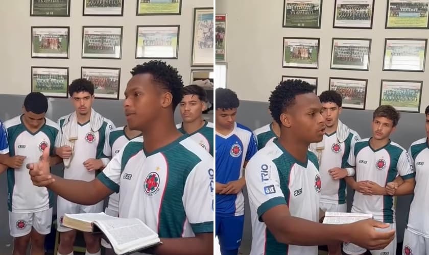 Os atletas ouvindo a Palavra antes do jogo. (Foto: Reprodução/Instagram/Samuel Pereira)