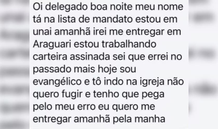 A mensagem de texto enviada ao delegado. (Foto: Redes sociais)