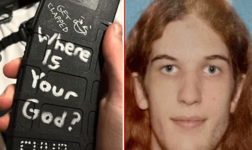 O carregador de munição com a frase “Onde Está o Seu Deus?”; o atirador Robin Westman. (Captura de tela/Instagram/Fox News)