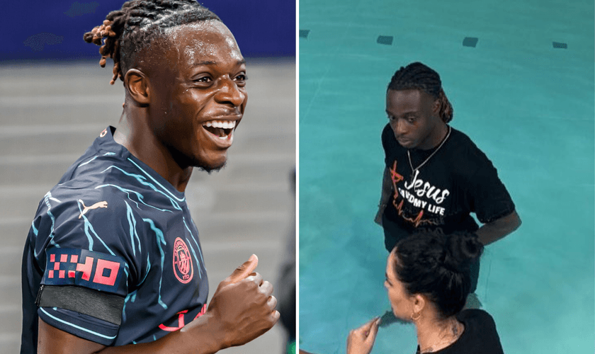 O jogador do Manchester City, Jeremy Doku, em campo e em seu batismo. (Captura de tela / Wikimedia / Instagram / Jeremy Doku)