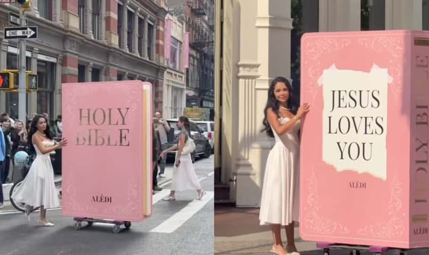 Maria Alejandra Diaz exibiu uma Bíblia rosa gigante pelas ruas de Nova York. (Foto: Reprodução/Instagram/Maria Alejandra Diaz).