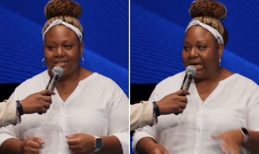 A mulher testemunhando na igreja. (Foto: Reprodução/Instagram/The River at Tampa Bay Church)