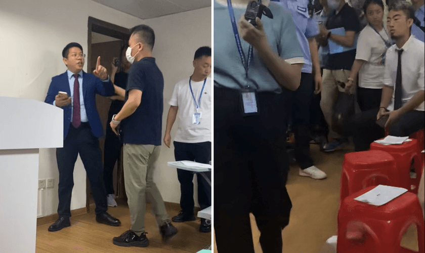 Policiais à paisana retiram o pastor (à esquerda) do púlpito, enquanto os membros são abordados e intimidados. (Foto: Captura de tela/ChinaAid)