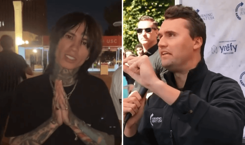 Joey Alva testemunha sobre a influência de Charlie Kirk em sua fé; ao lado, Charlie durante debate na Universidade do Sul da Califórnia. (Captura de tela / Instagram / @joelmoot / joey_alva)