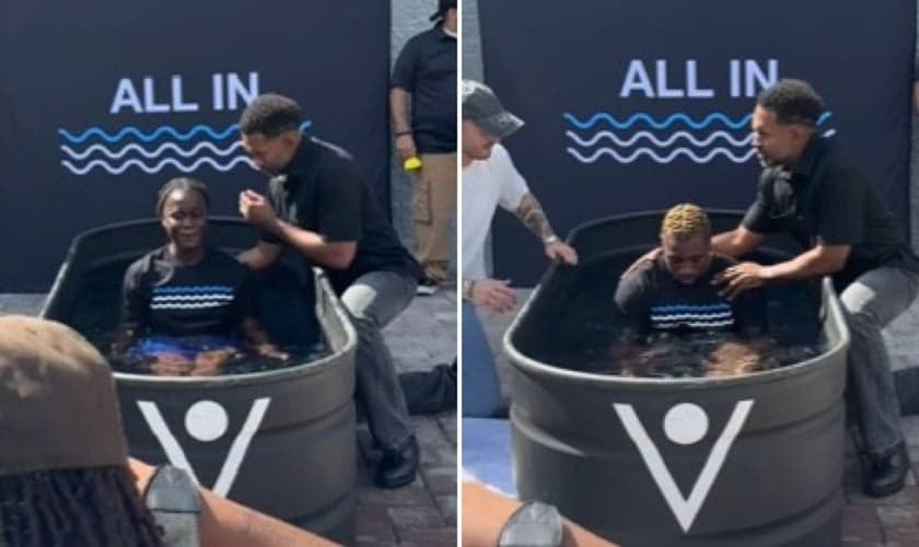 O batismo de Noah Lyles e Junelle Bromfield. (Foto: Reprodução/Instagram/Noah Lyle)