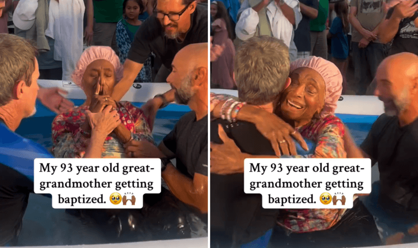 Idosa sendo batizada nas águas. (Captura de tela/Instagram/@empressfleming)