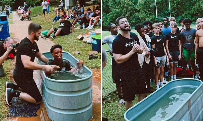 O pastor Mark batizando os atletas. (Foto: Reprodução/Instagram/Mark Page)