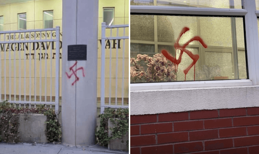 Pichação de símbolos nazistas na Magen David Yeshiva, no Brooklin. (Imagem: Twitter/Kalman Yeger/Deputada Nicole Malliotakis)
