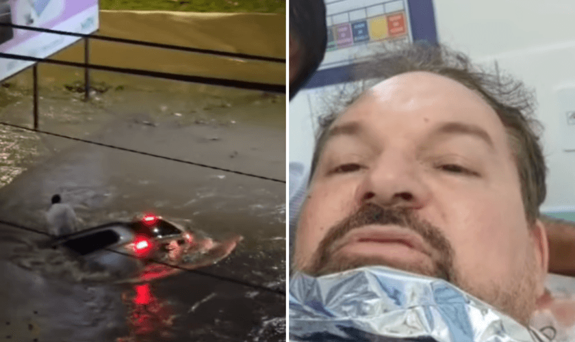 Gerald Saraiva foi arrastado pela enxurrada e resgatado com vida em Vitória da Conquista. (Imagens: Facebook/Nilo Freitas)