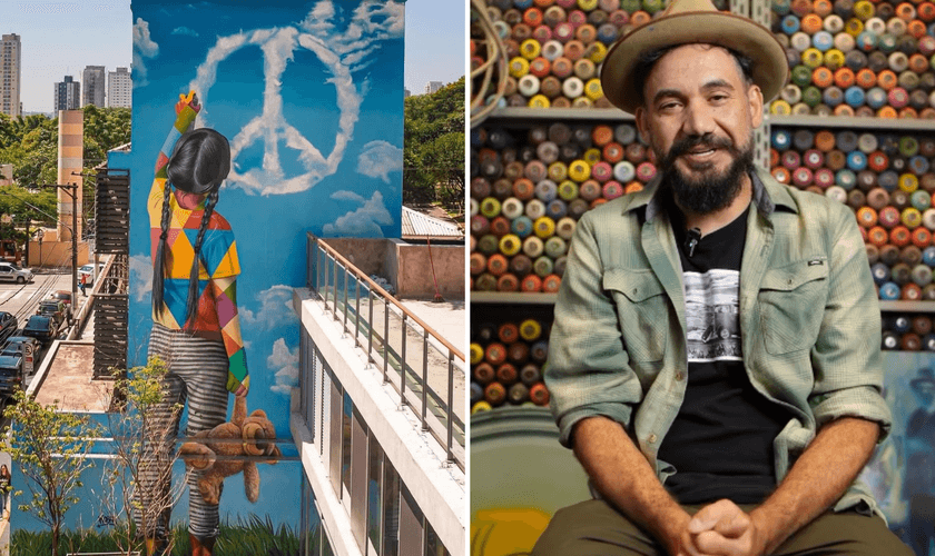 Mural pintado por Kobra e o artista contando seu testemunho. (Captura de tela/Instagram/kobrastreetart)