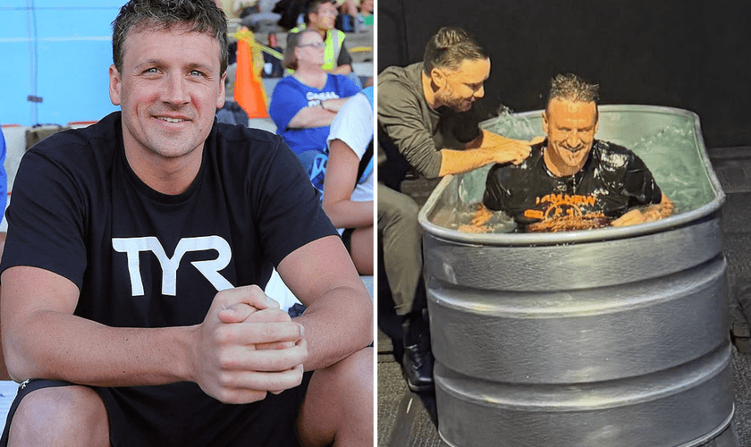 Ryan Lochte durante a carreira como nadador e no momento em que foi batizado, após rededicar sua vida a Jesus. (Fotos: Wikipedia)