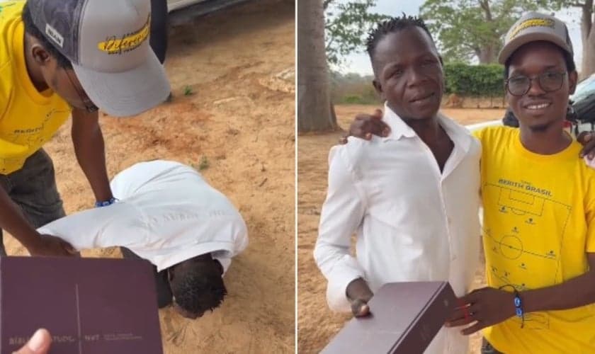 O homem chorou muito ao ser presenteado com uma Bíblia de Estudo. (Foto: Reprodução/Instagram/Diogo Scremin).