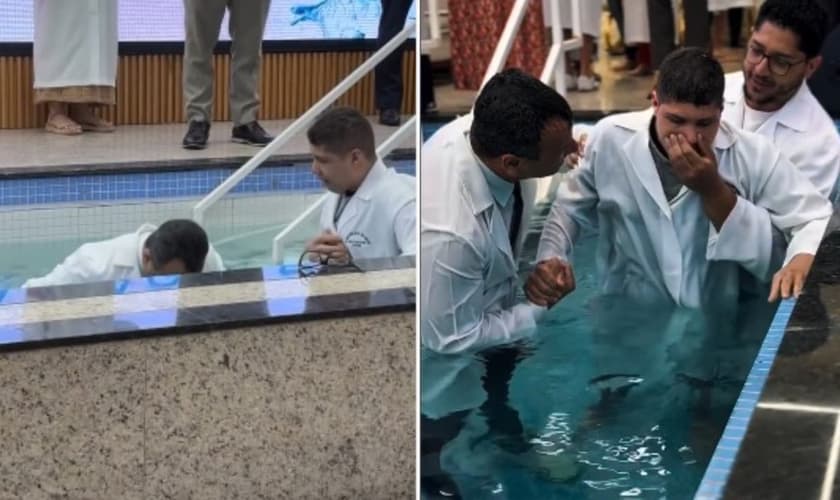 O pastor Marcos Dias ajudou Adriel a mergulhar na água. (Foto: Reprodução/Instagram/AD Brás de São Caetano).