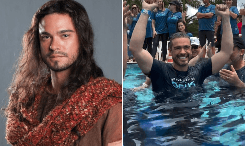 Sidney Sampaio interpretando Josué em Os Dez Mandamentos, na Record TV; e durante seu batismo nas águas. (Foto: Michel Angelo/Rede Record / Instagram @sidneysampaiooficial)