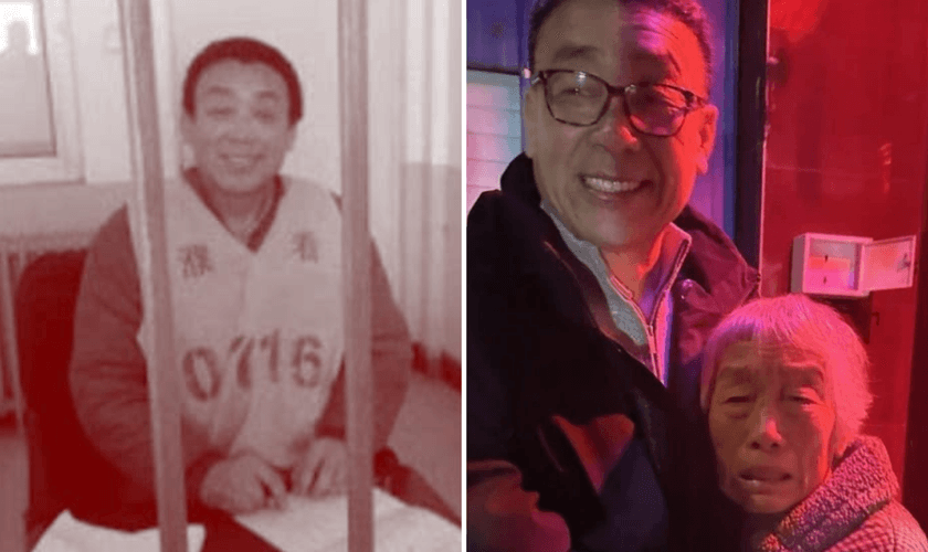 O pastor Zhang Shaojie cumprindo sua sentença de 12 anos de prisão na China; e após a libertação. (Fotos: China Aid/ Release International)