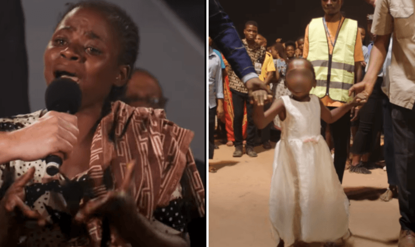 A mãe de Musawu testemunha o milagre na vida da filha, que passou a andar durante campanha evangelística. (Foto: Facebook/Evangelist Nathan Morris)