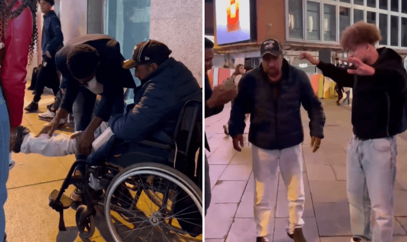 Homem recebe oração em evangelismo de rua e se levanta de cadeira de rodas. (Captura de tela/Instagram/ __i.am.precious)